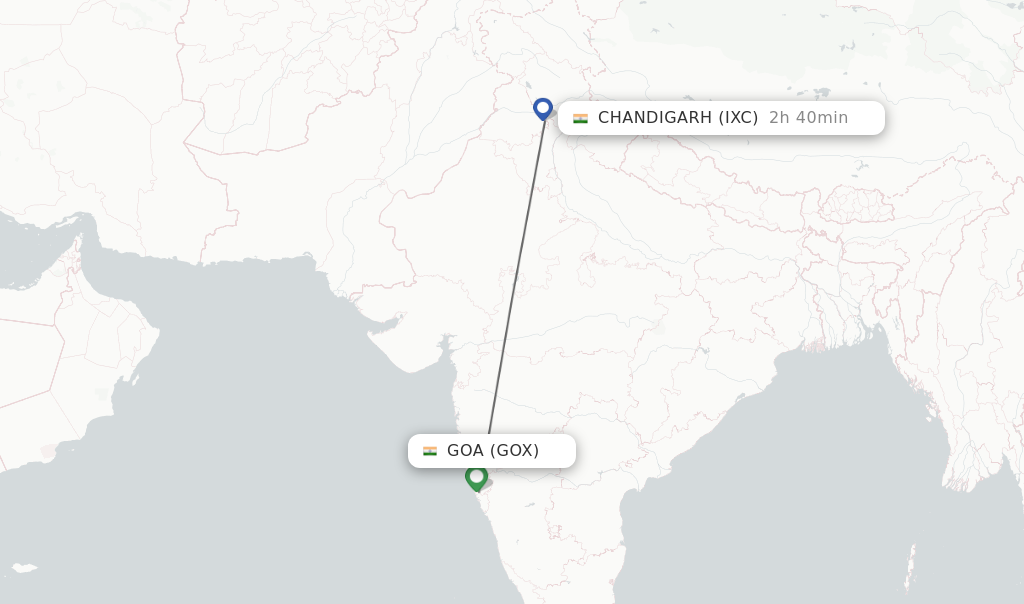Flights from Goa to Chandigarh route map