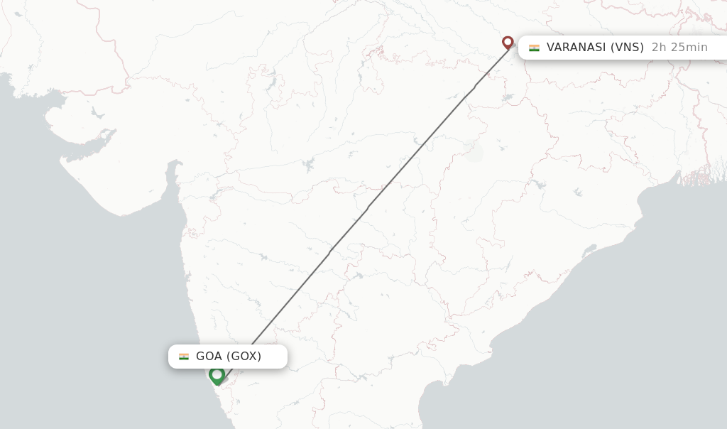 Flights from Goa to Varanasi route map