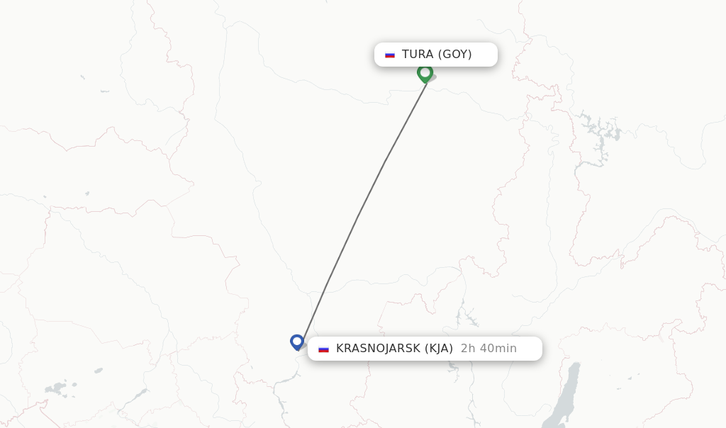 Flights from Krasnojarsk to Tura route map