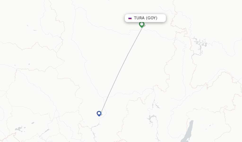 Route map with flights from Tura with KrasAvia