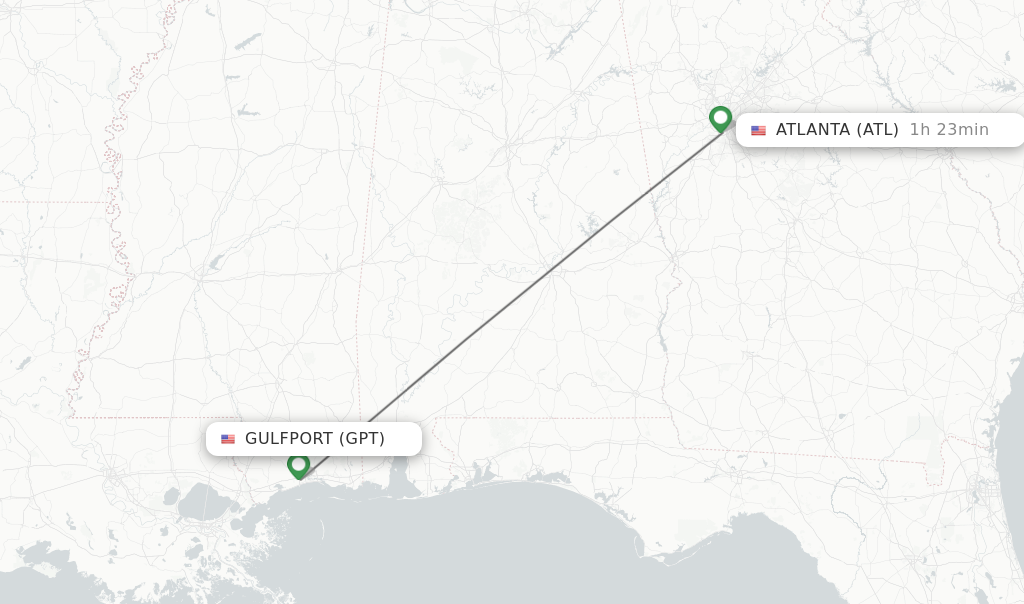 Flights from Gulfport to Atlanta route map