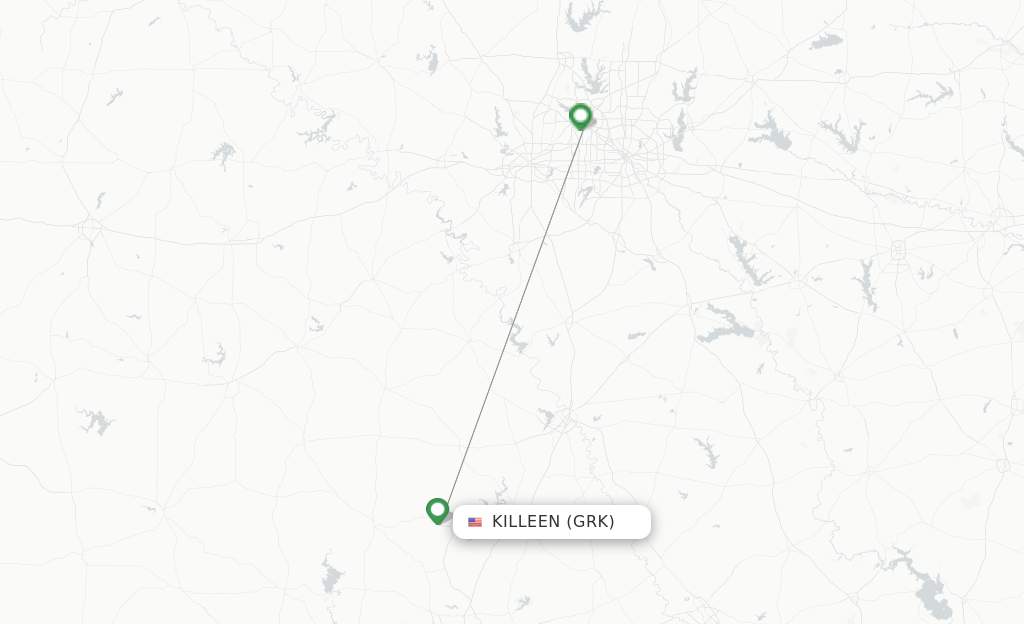 Route map with flights from Killeen with American Airlines