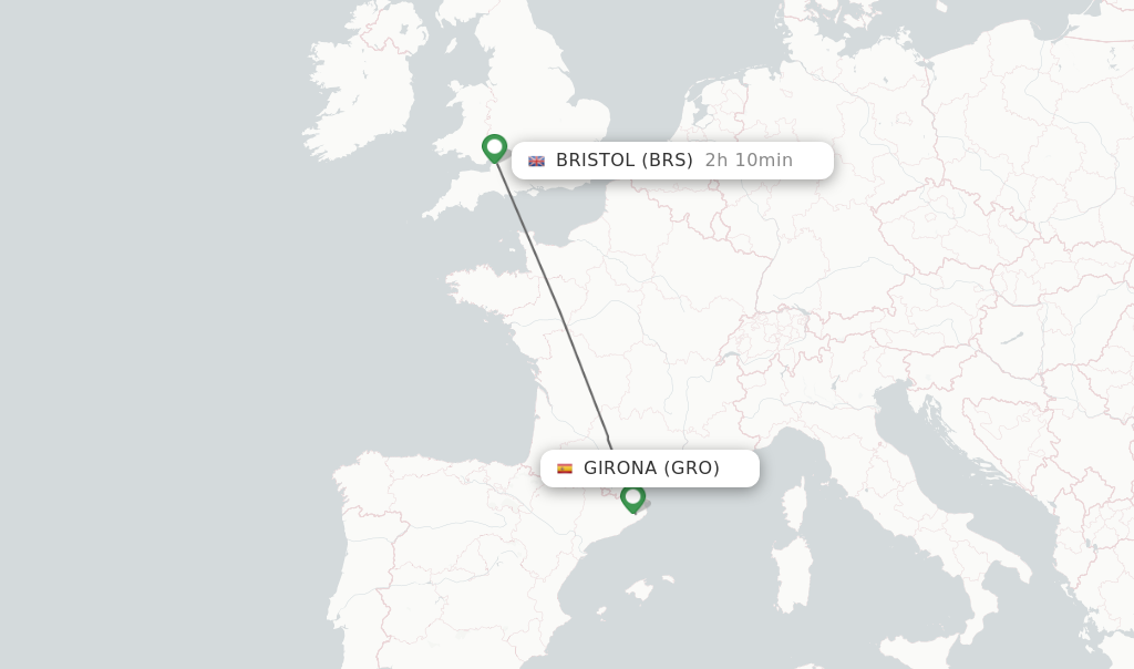 Flights from Girona to Bristol route map