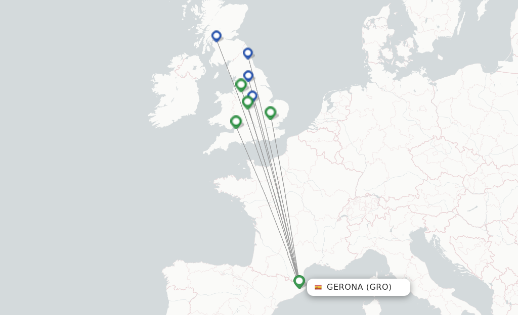 Route map with flights from Gerona with Jet2