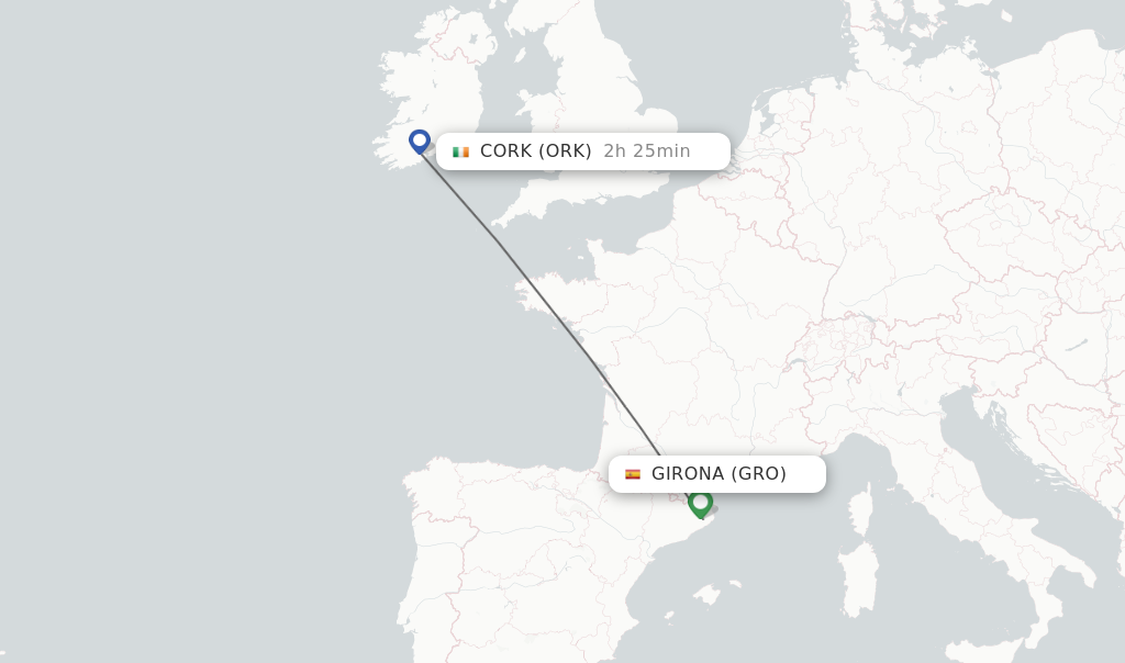 Flights from Girona to Cork route map