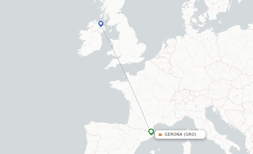 Route map with flights from Girona with Ryanair UK