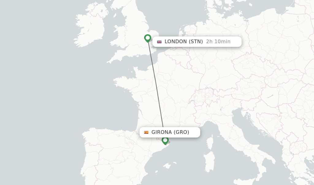 Flights from Girona to London route map