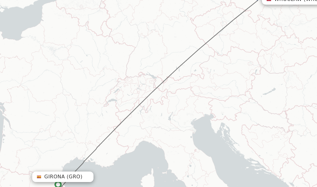 Flights from Girona to Wroclaw route map