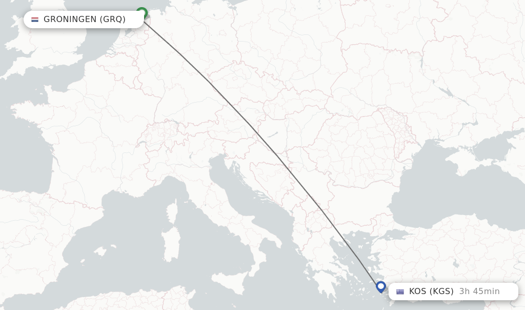 Flights from Kos to Groningen route map