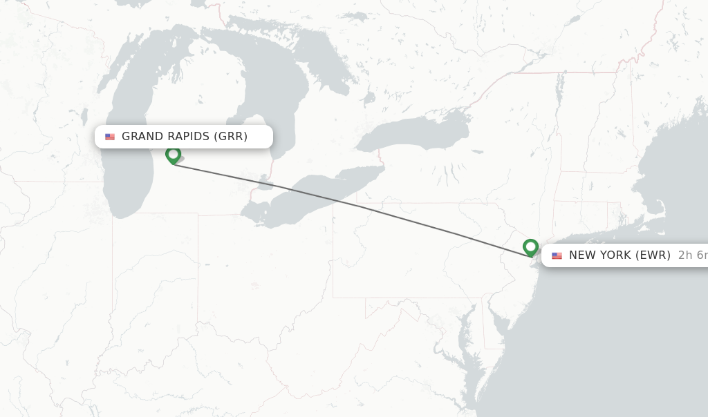 Flights from Grand Rapids to New York route map