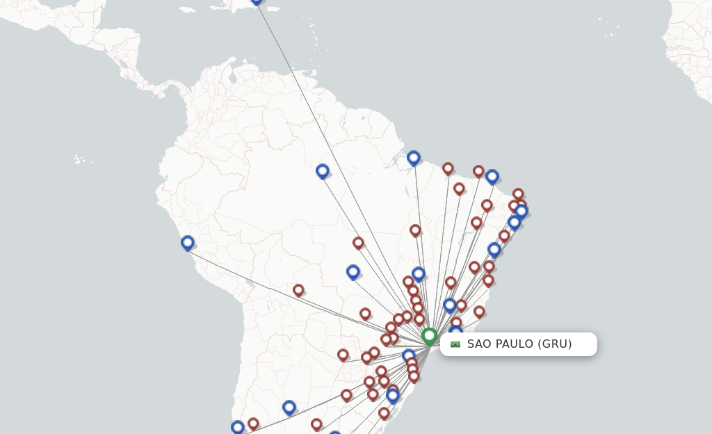 Route map with flights from Sao Paulo with Gol