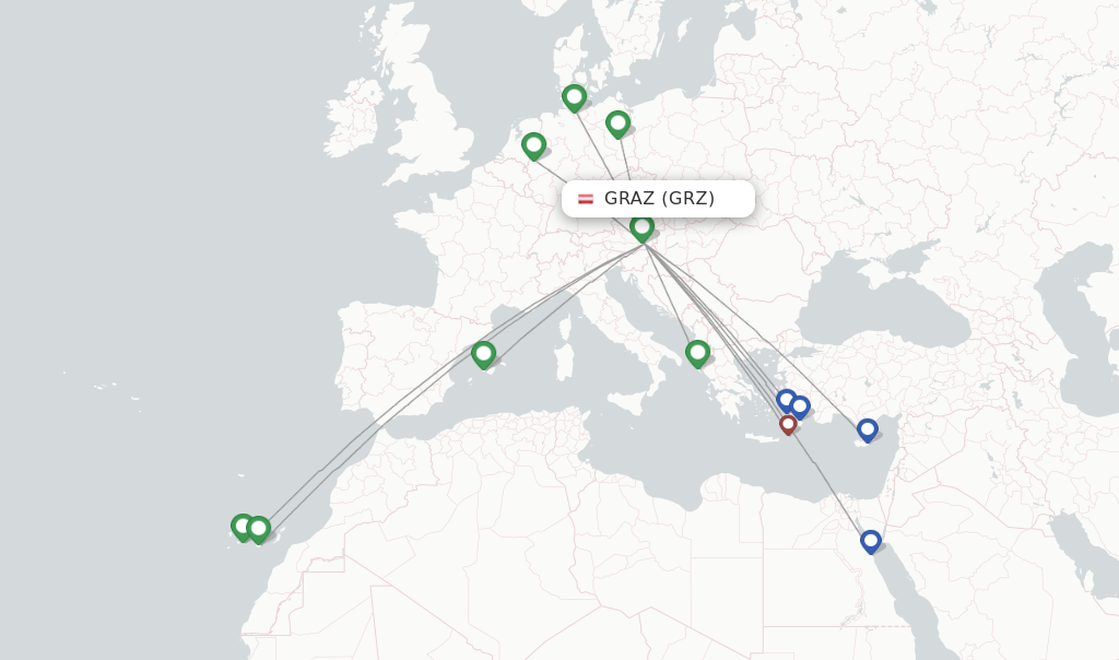 Route map with flights from Graz with Eurowings