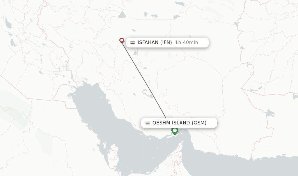 Flights from Qeshm Island to Isfahan route map