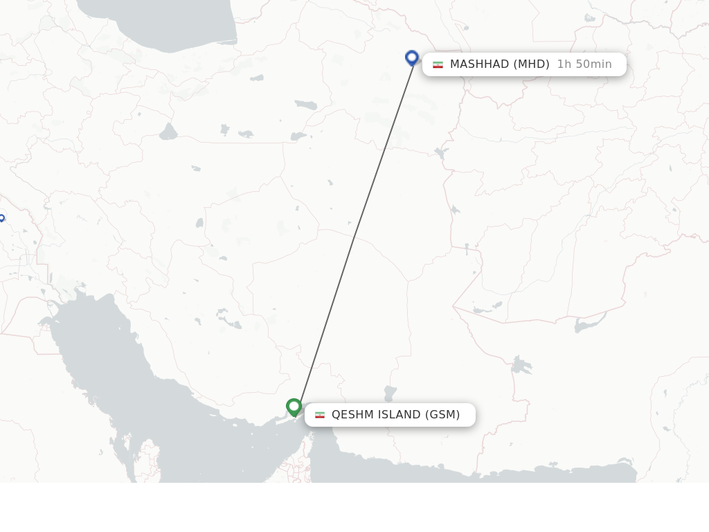 Flights from Mashhad to Qeshm Island route map