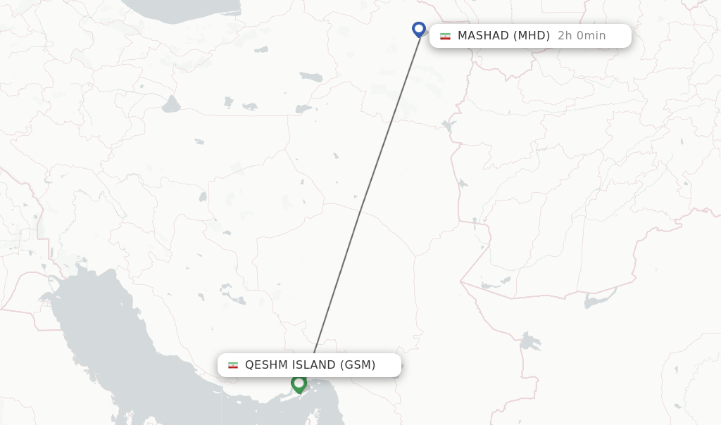Flights from Qeshm Island to Mashad route map