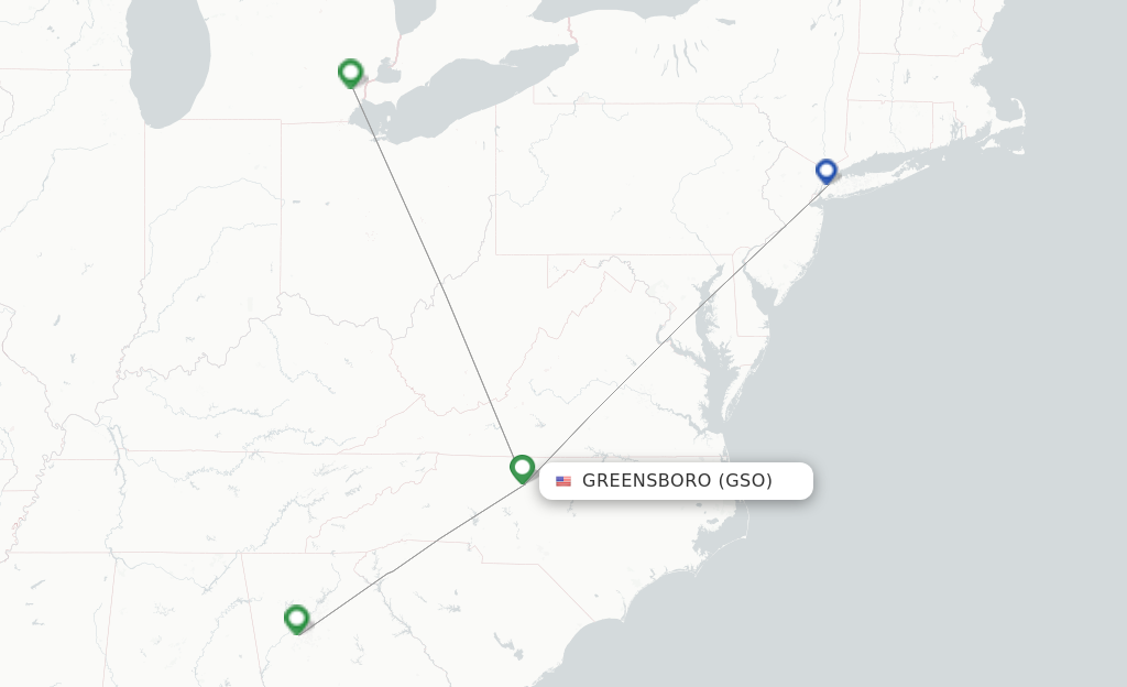 Route map with flights from Greensboro with Delta Air Lines