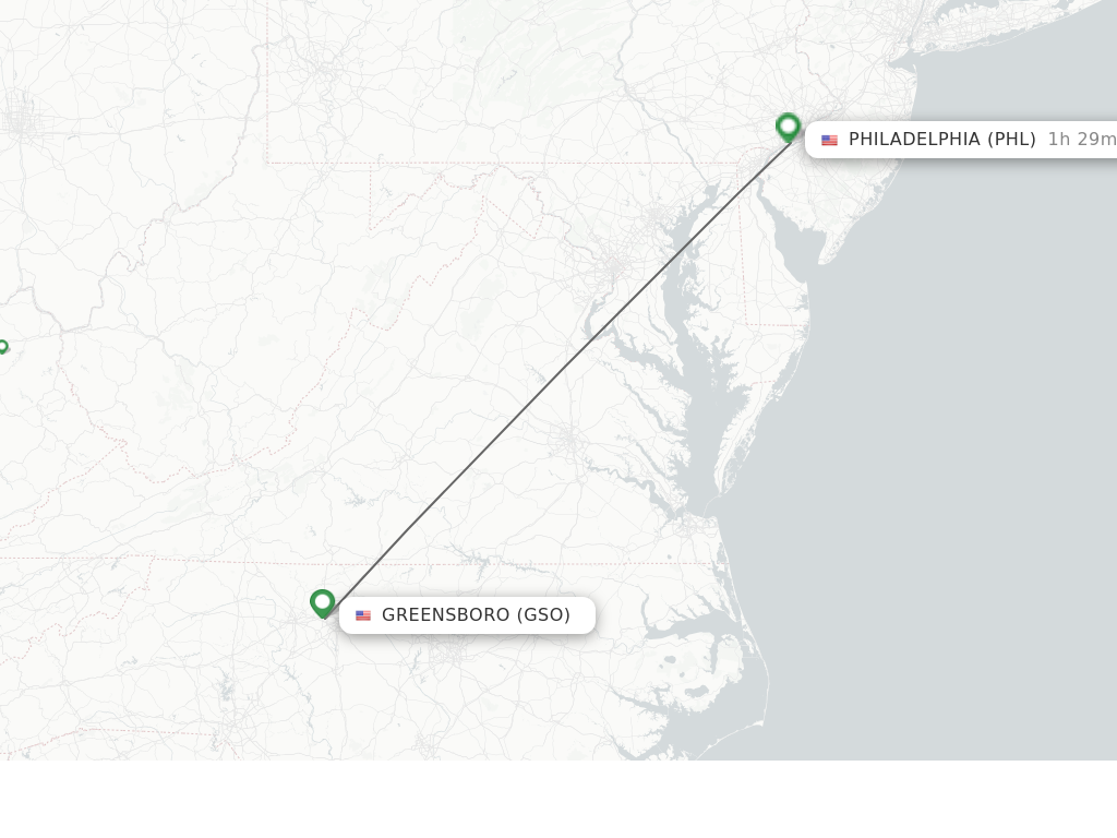 Flights from Greensboro to Philadelphia route map