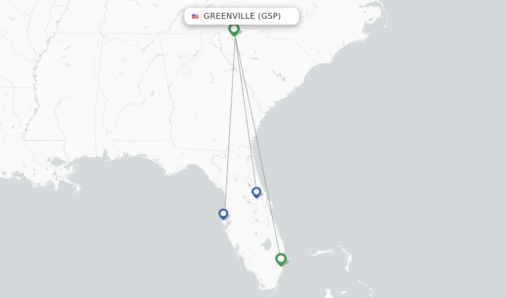 Route map with flights from Greenville with Allegiant Air