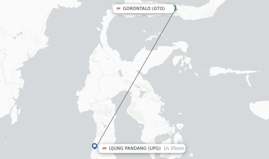 Flights from Gorontalo to Ujung Pandang route map
