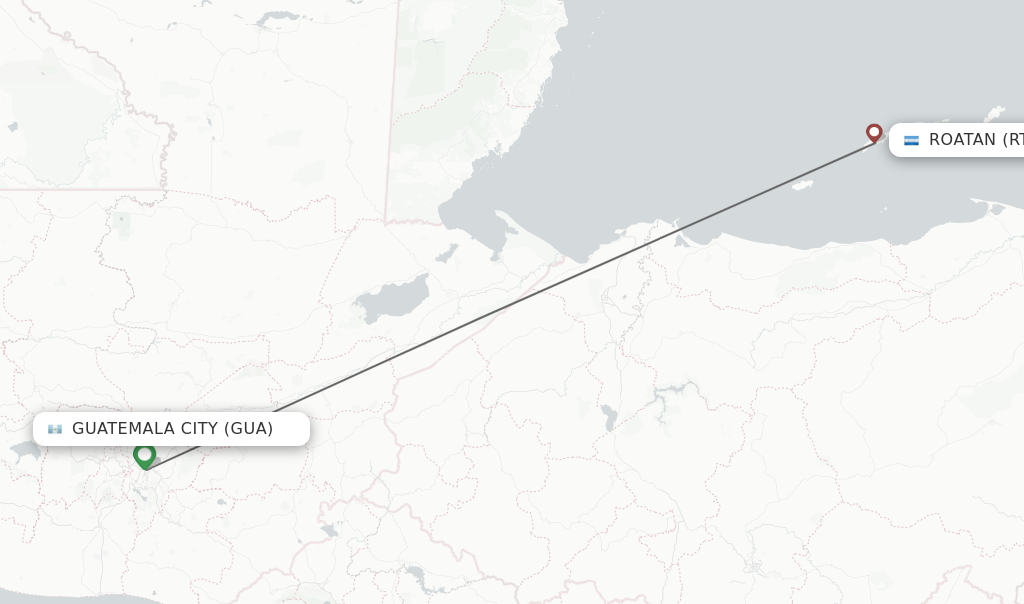 Flights from Roatan to Guatemala City route map