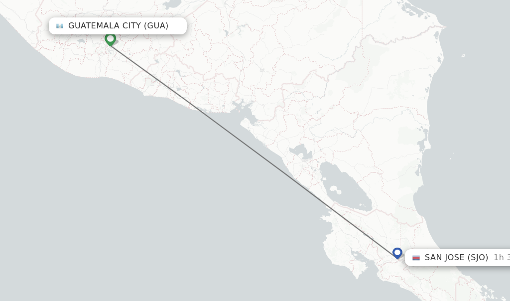 Flights from Guatemala City to San Jose route map