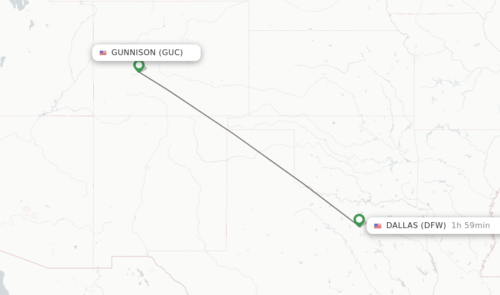 Flights from Gunnison to Dallas route map
