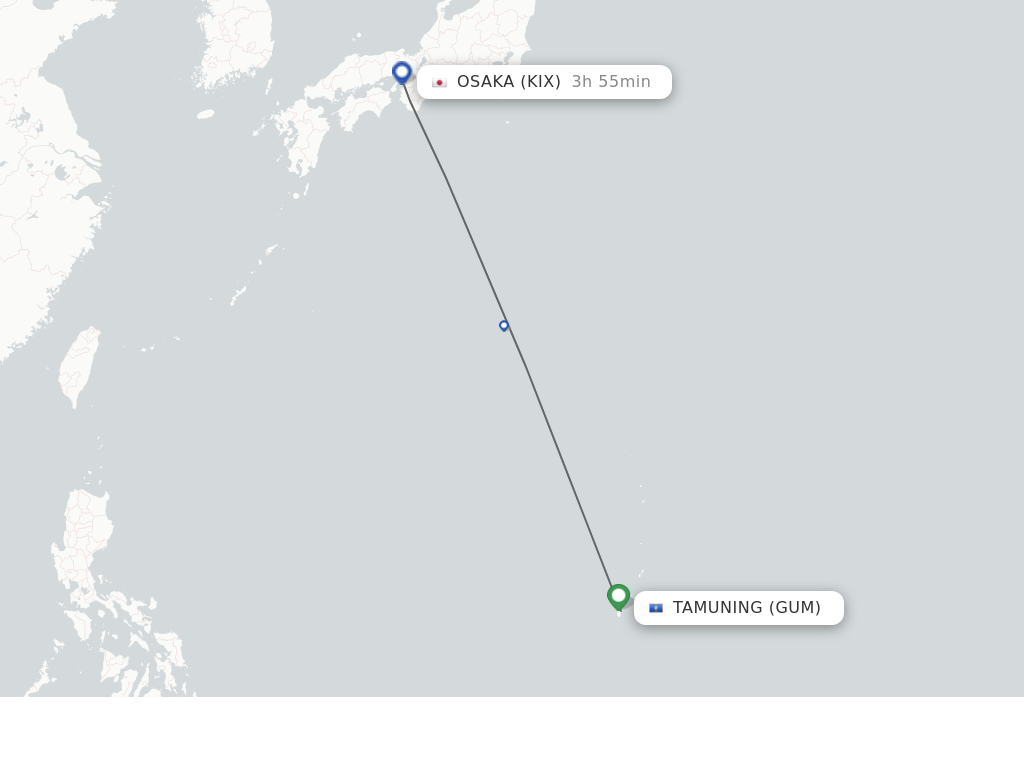 Flights from Guam to Osaka route map