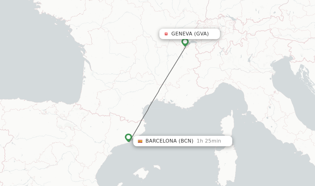 Flights from Geneva to Barcelona route map