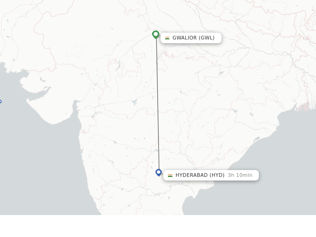 Flights from Gwalior to Hyderabad route map