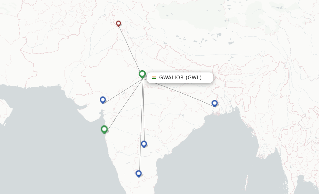 Route map with flights from Gwalior with SpiceJet