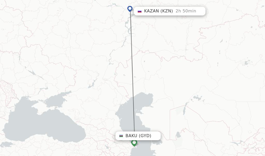Flights from Baku to Kazan route map