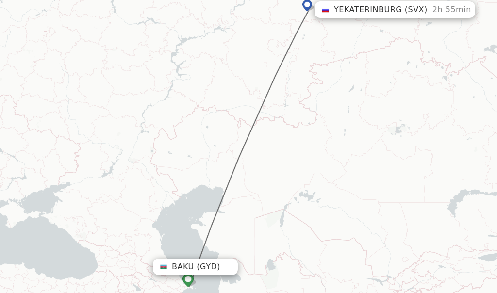 Flights from Baku to Yekaterinburg route map