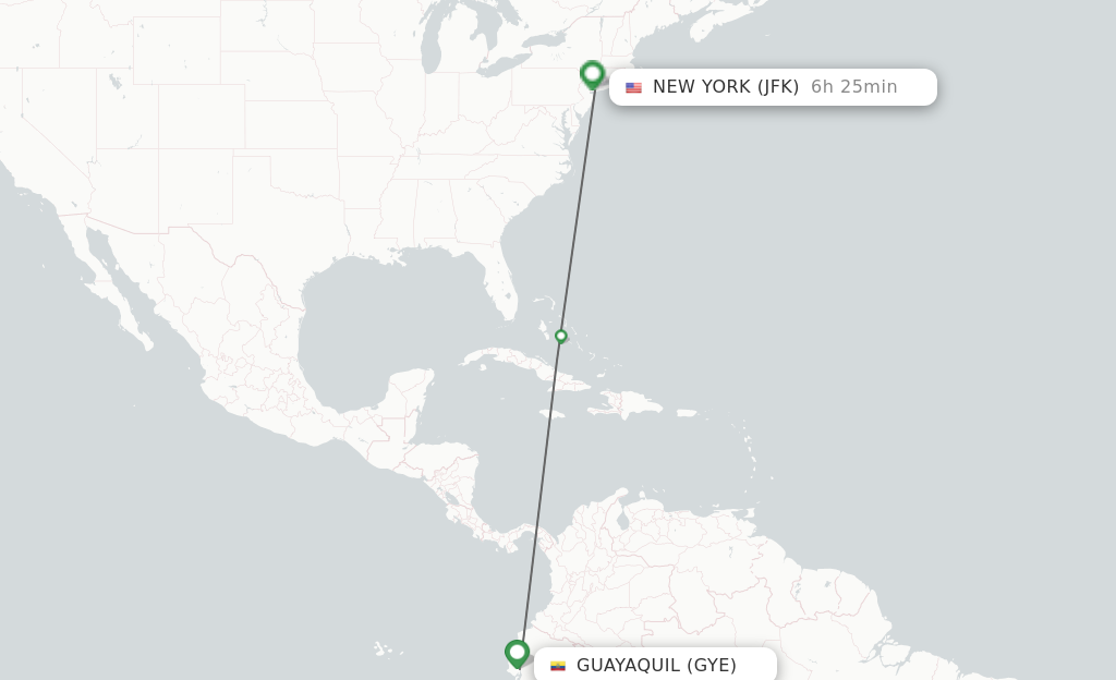 Flights from Guayaquil to New York route map