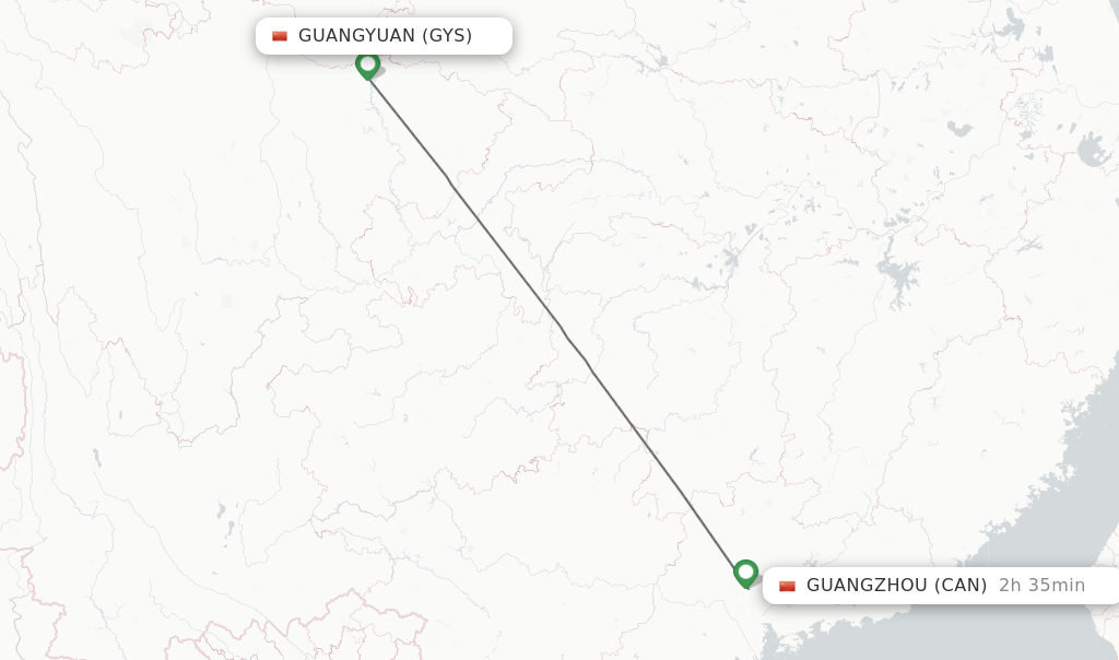 Flights from Guangyuan to Guangzhou route map