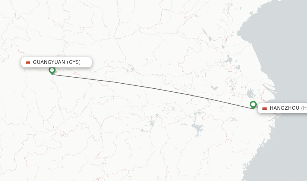 Flights from Guangyuan to Hangzhou route map