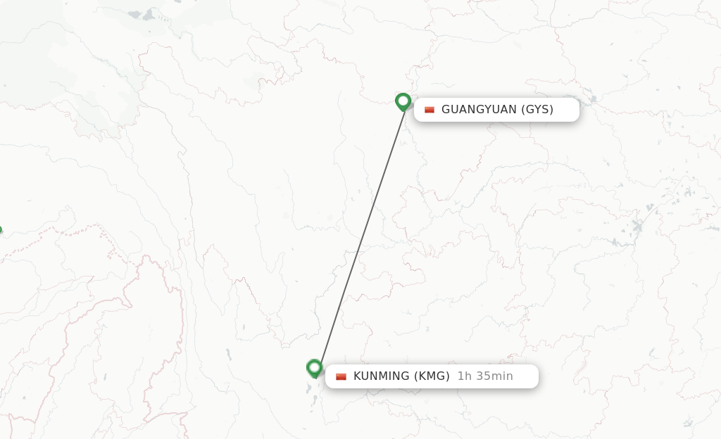Flights from Guangyuan to Kunming route map