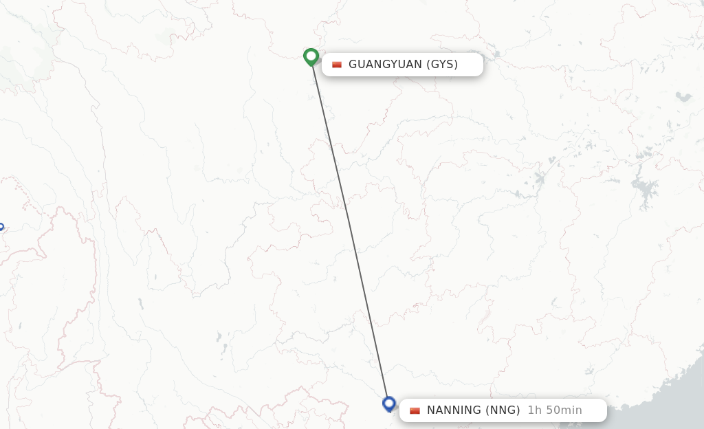 Flights from Guangyuan to Nanning route map
