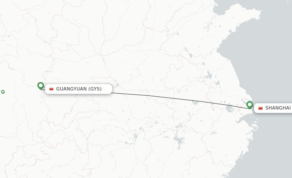 Flights from Guangyuan to Shanghai route map
