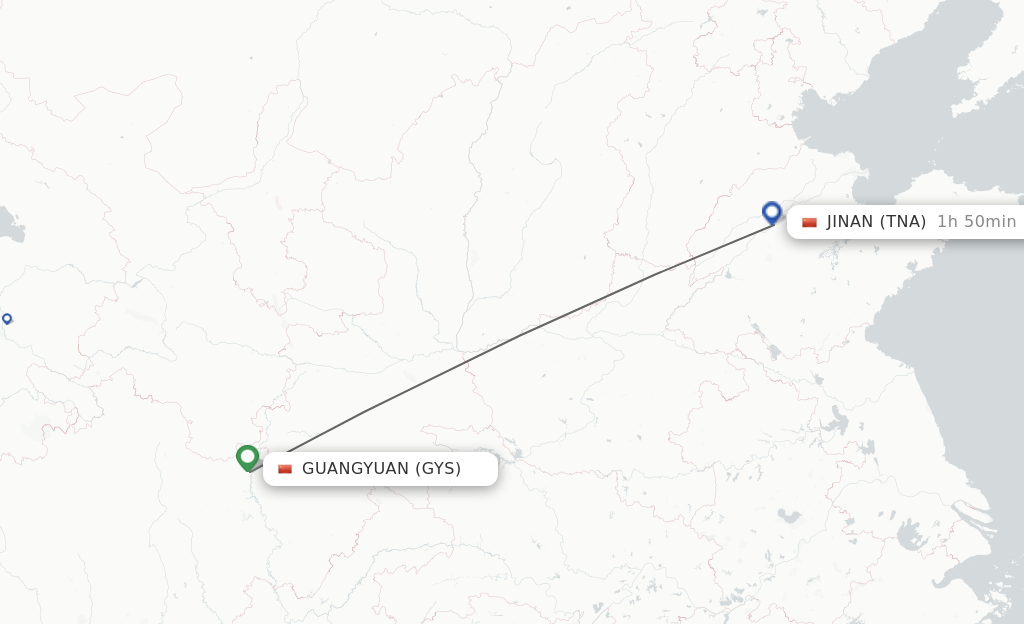 Flights from Guangyuan to Jinan route map