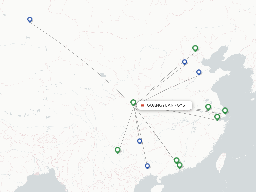 Flights from Guangyuan to Taiyuan route map
