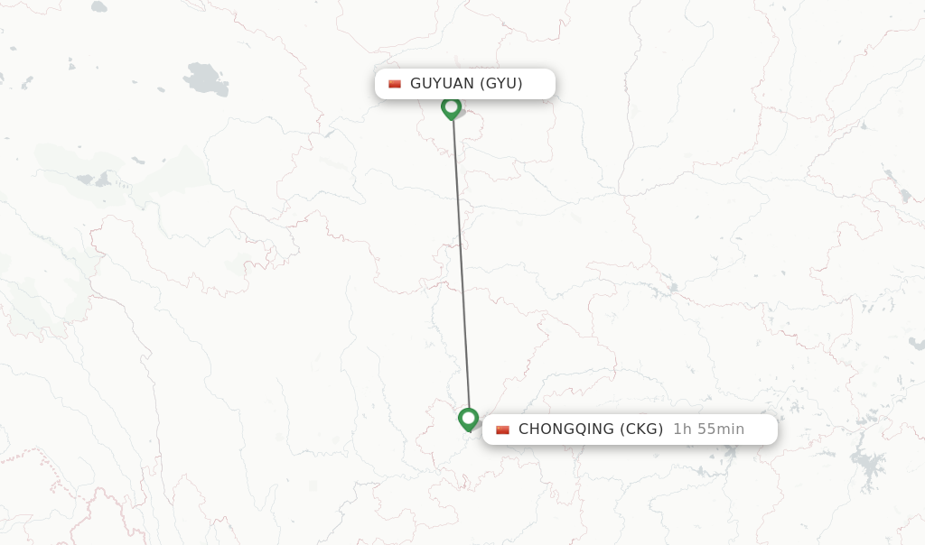 Flights from Chongqing to Guyuan route map