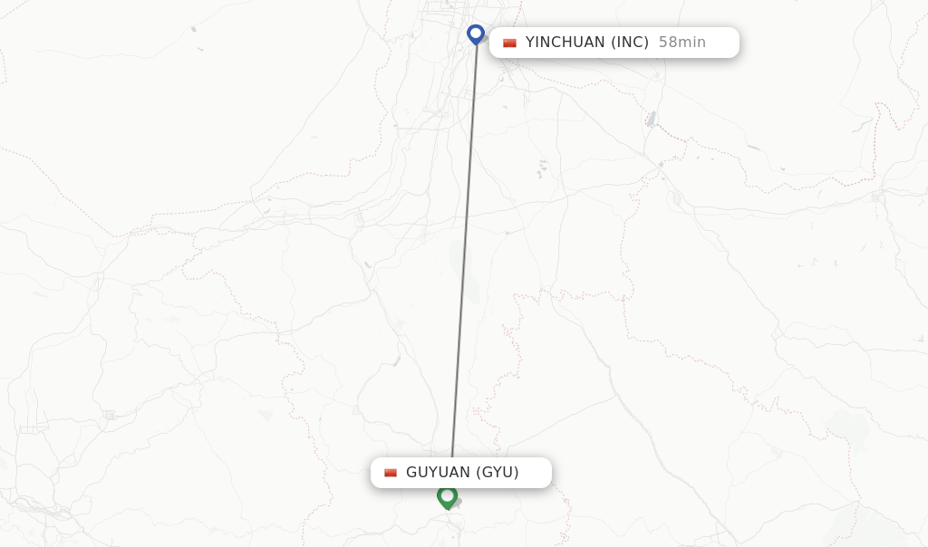 Flights from Guyuan to Yinchuan route map
