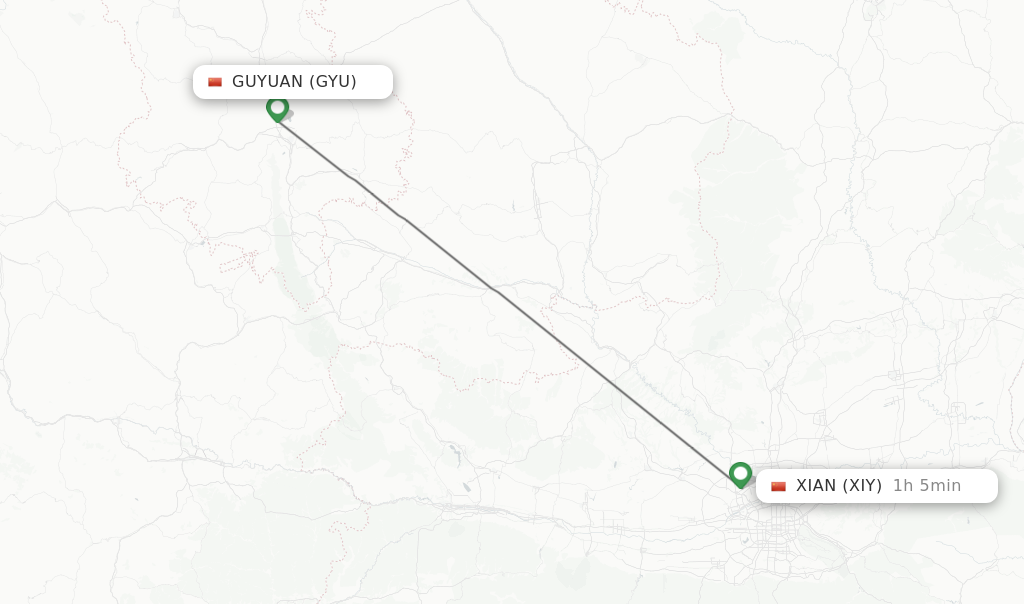 Flights from Guyuan to Xian route map