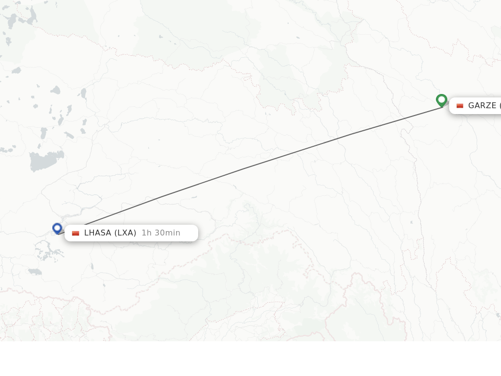 Flights from Garze to Lhasa route map