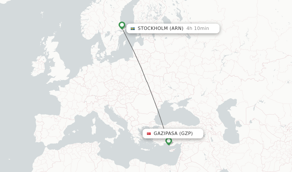 Flights from Gazipasa to Stockholm route map
