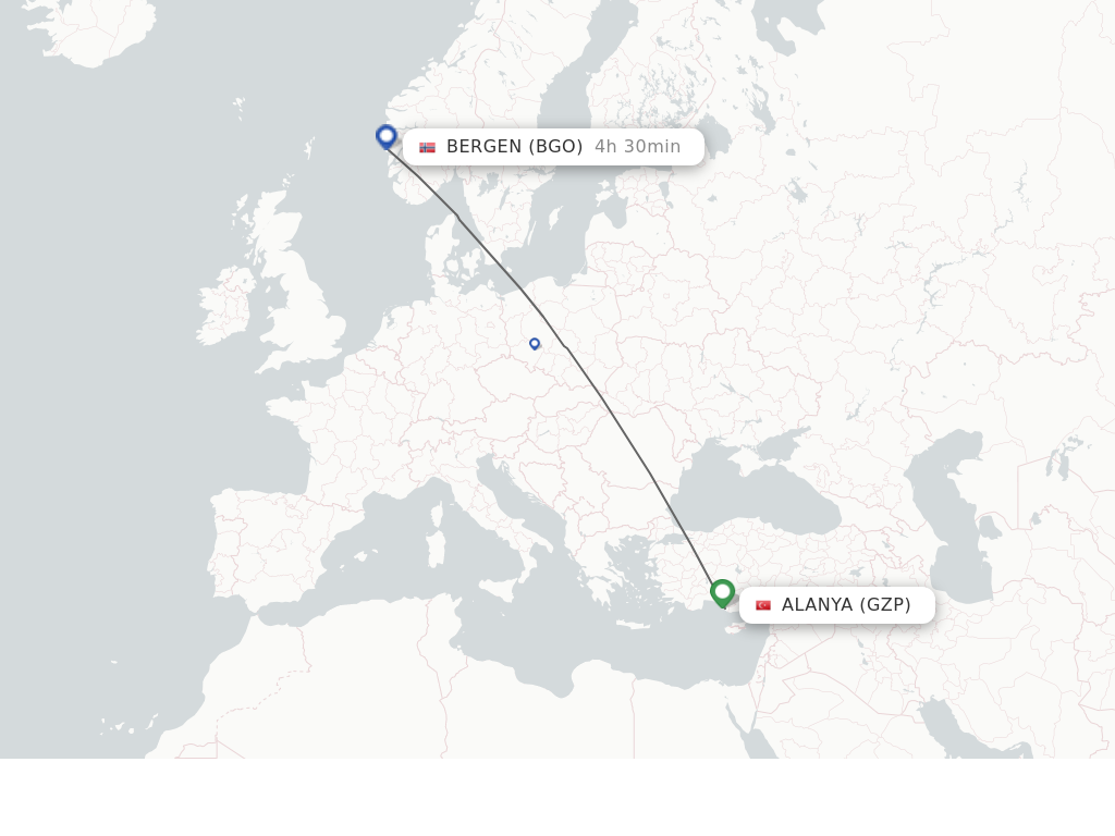 Flights from Gazipasa to Bergen route map