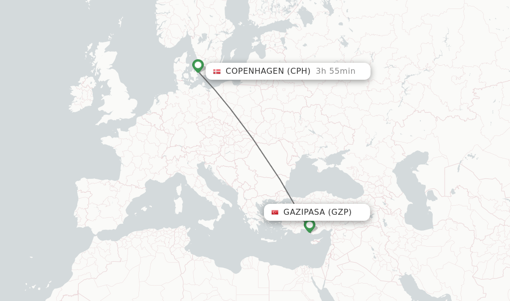 Flights from Gazipasa to Copenhagen route map