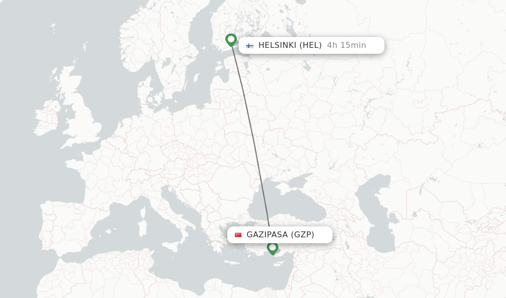 Flights from Gazipasa to Helsinki route map