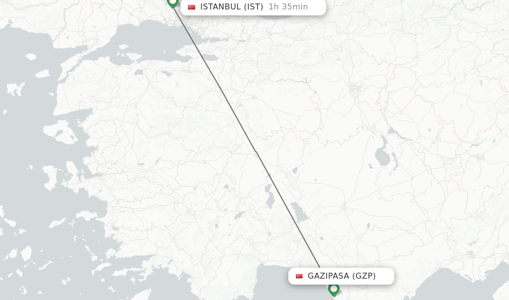 Flights from Gazipasa to Istanbul route map