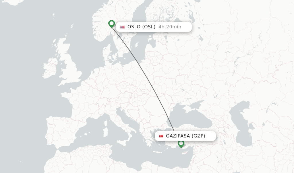 Flights from Gazipasa to Oslo route map